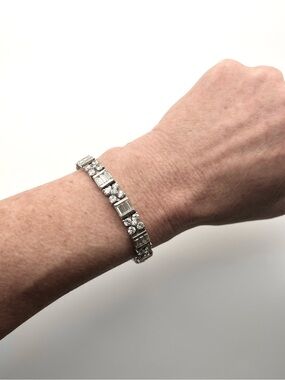 Vintage Sterling Silver Baguette & Round Pave Cubic Zirconia Link Bracelet